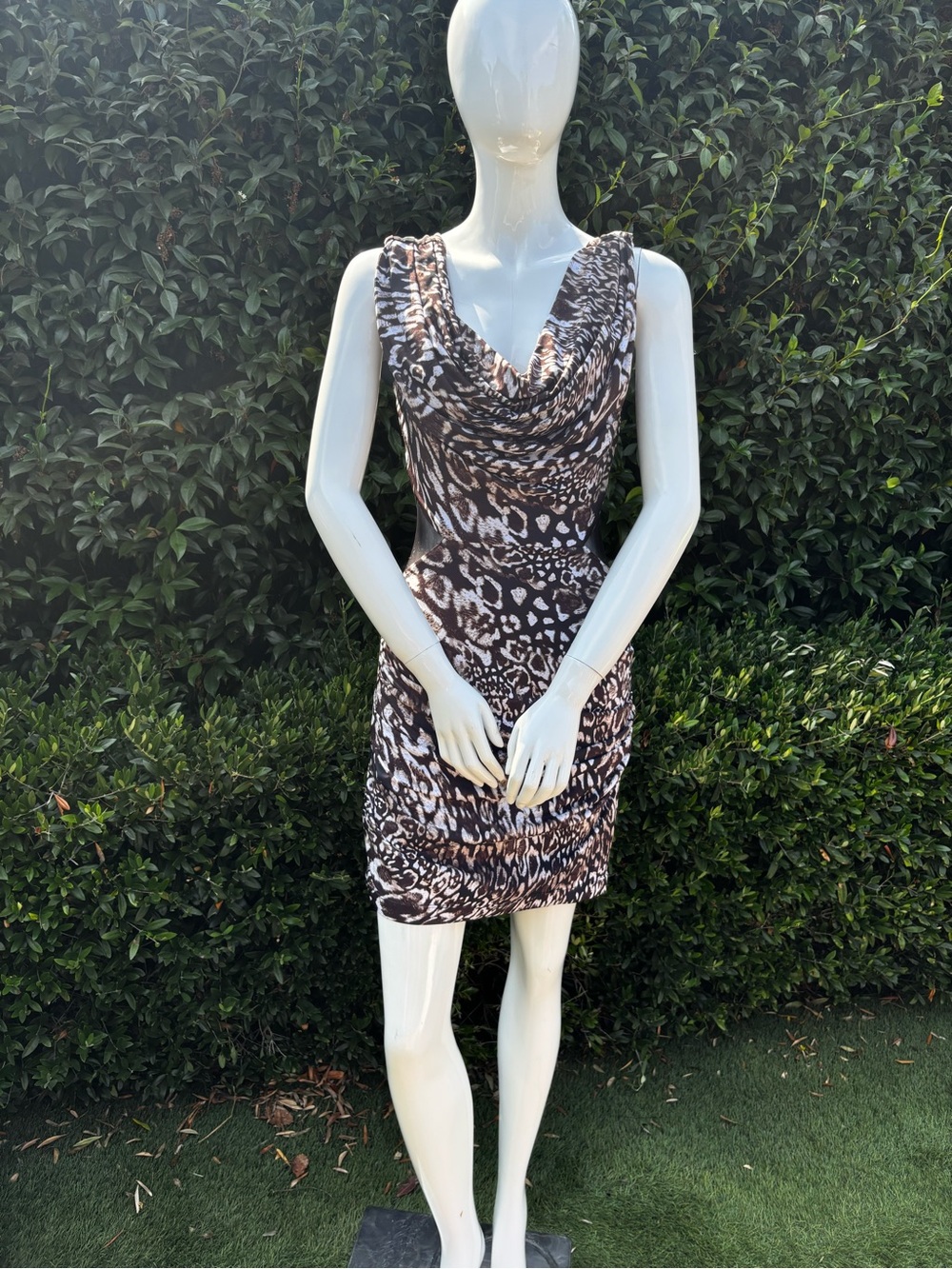 bebe Brown Animal Print Cowl Neck Mini Dress Y2K